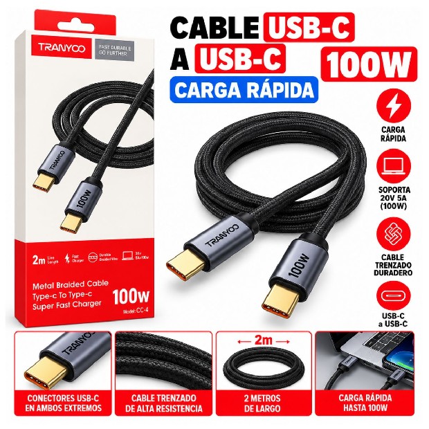 &ua CABLE CARGADOR TIPO C A TIPO C TRANYCO 100W CC-4
